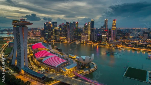 Singapore sunset Aerial footage Marina bay Timelapse photo