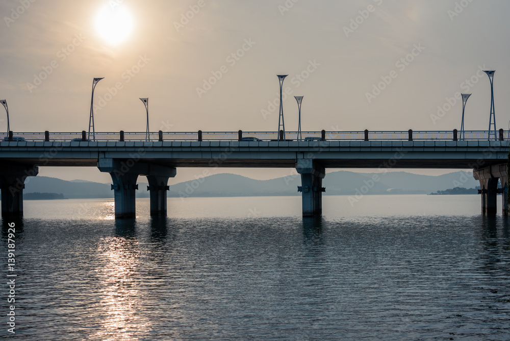 view of bridge in the river,in wuxi city,jiangsu province,China.
