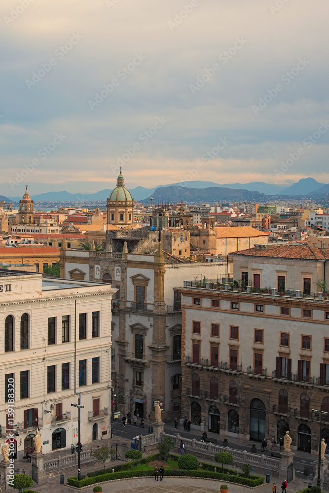 PALERMO, ITALY – 03 January 2017: View from the roof of Palermo Cathedral in the old houses. Mountians in the background. Palermo. Sicilyhouses. Mountians in the background. Palermo. Sicily