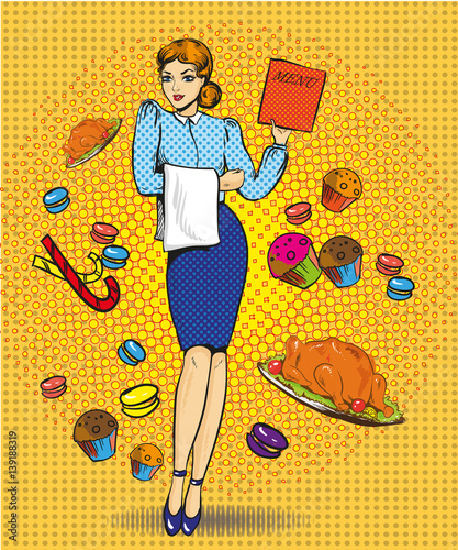 Vector illustration of waitress female, retro pop art comic style