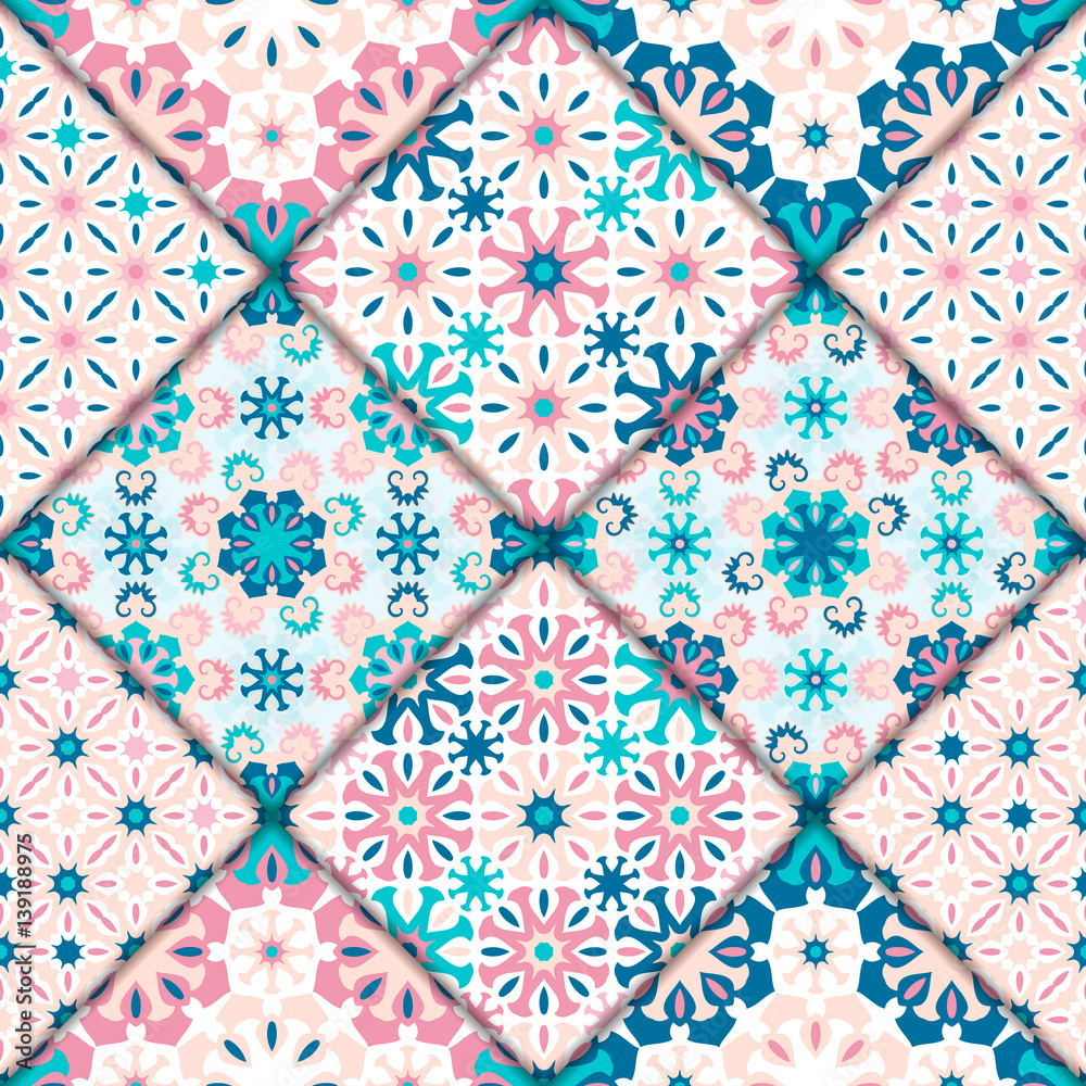 Vector abstract seamless patchwork pattern. Arabic tile texture with geometric and floral ornaments, stylized flowers, dots and lace. Vintage vector card.