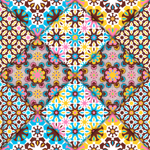 Vector abstract seamless patchwork pattern. Arabic tile texture with geometric and floral ornaments, stylized flowers, dots and lace. Vintage vector card.
