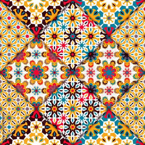 Vector abstract seamless patchwork pattern. Arabic tile texture with geometric and floral ornaments, stylized flowers, dots and lace. Vintage vector card.