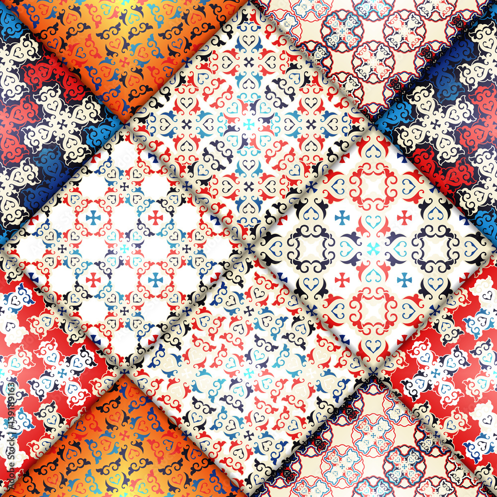Vector abstract seamless patchwork pattern. Arabic tile texture with geometric and floral ornaments, stylized flowers, dots and lace. Vintage vector card.