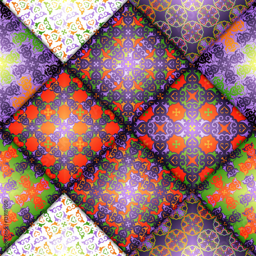 Vector abstract seamless patchwork pattern. Arabic tile texture with geometric and floral ornaments, stylized flowers, dots and lace. Vintage vector card.