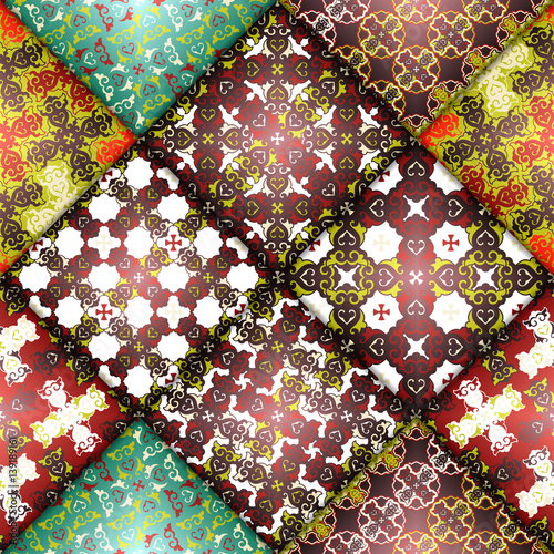 Vector abstract seamless patchwork pattern. Arabic tile texture with geometric and floral ornaments, stylized flowers, dots and lace. Vintage vector card.