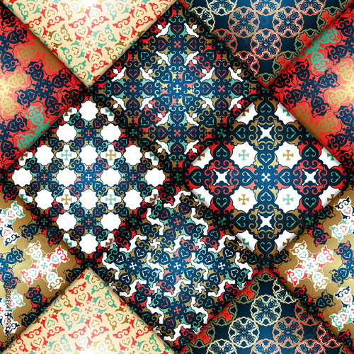 Vector abstract seamless patchwork pattern. Arabic tile texture with geometric and floral ornaments, stylized flowers, dots and lace. Vintage vector card.