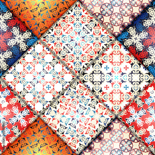 Vector abstract seamless patchwork pattern. Arabic tile texture with geometric and floral ornaments, stylized flowers, dots and lace. Vintage vector card.