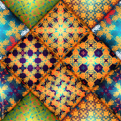 Vector abstract seamless patchwork pattern. Arabic tile texture with geometric and floral ornaments, stylized flowers, dots and lace. Vintage vector card.