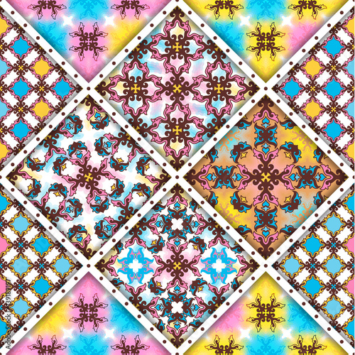 Vector abstract seamless patchwork pattern. Arabic tile texture with geometric and floral ornaments, stylized flowers, dots and lace. Vintage vector card.
