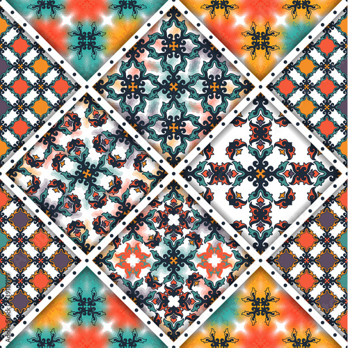 Vector abstract seamless patchwork pattern. Arabic tile texture with geometric and floral ornaments, stylized flowers, dots and lace. Vintage vector card.