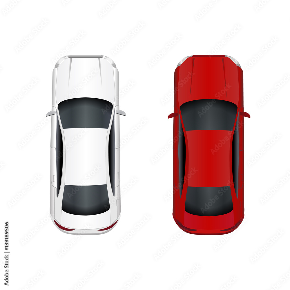 Two cars. White and red. Isolated on white background. illustration Two cars. White and red. Isolated on white background. illustration