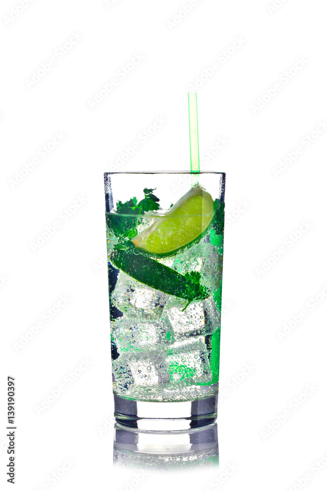 Mojito cocktail with lime and ice in a glass on a white background for isolation Mojito cocktail with lime and ice in a glass on a white background for isolation
