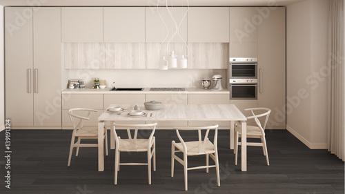 Modern minimal white kitchen with wooden floor, classic interior design