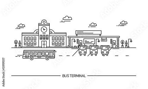 Line art bus terminal, station. illustration in flat style.