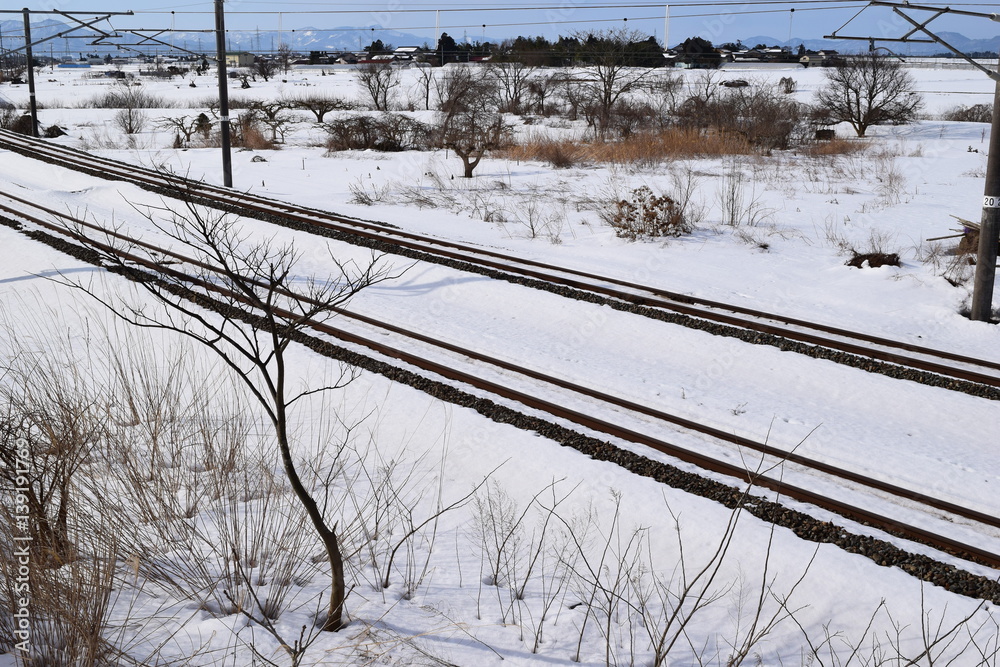 Fototapeta premium 雪国の線路（羽越本線）