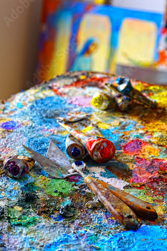 Wallpaper Mural Paints and brushes,lying on painted background Torontodigital.ca