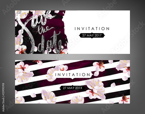 Trendy spring flowers vector invitation templates. Watercolor paint textured petals background. Soft velvet, blossom plum tree and shabby gold textures.