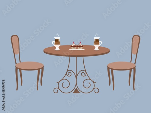 Coffee table and two chairs on a blue background. There are also cups of coffee and cakes in the picture. Vector illustration.