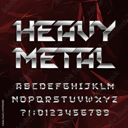 Heavy metal alphabet font. Chrome effect letters and numbers on abstract polygonal background. Stock vector typeface for your design.