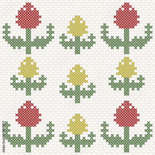 Yellow and red tulips, imitation of cross-stitch
