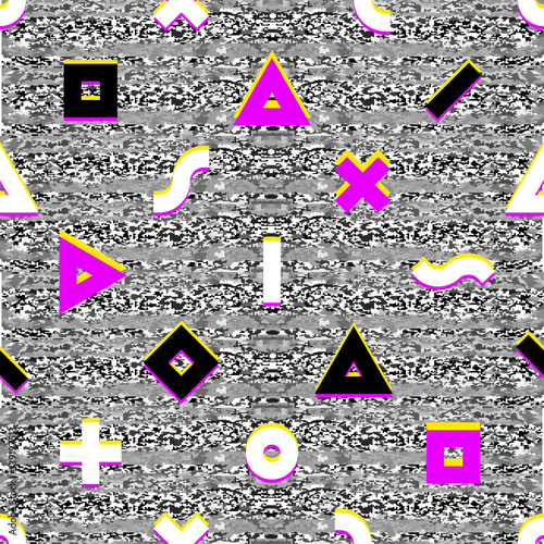 Dynamic digital seamless pattern with monitor glitch or abberation effect. Geometric shapes on solid background. No signal, TV grain vector texture.