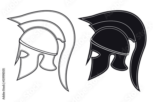 Black and White Vector Illustration of a Side Silhouette on Ancient Greek Warrior Helmet. Spartan Helmet. Roman Helmet