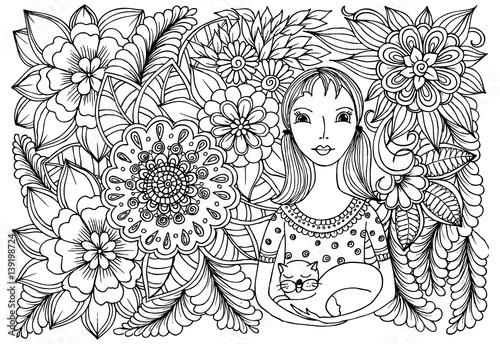 Vector flowers doodle and girl with a cat in black and white