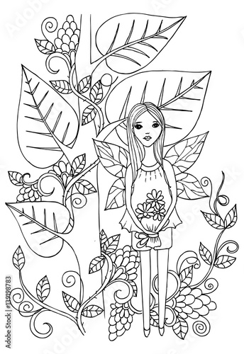 Vector flowers doodle and girl in black and white