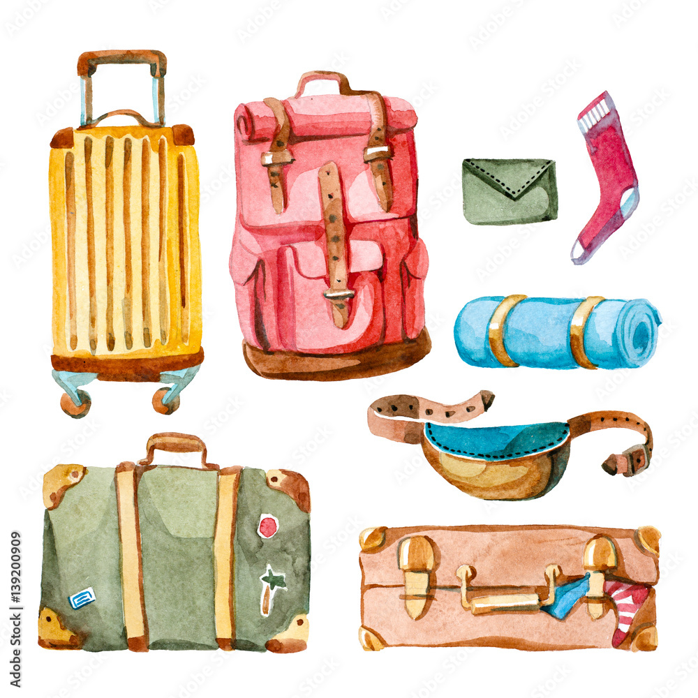 Watercolor illustration. hand drawn set of suitcase, rucksack, purse, bag  and valise. travelling baggage Stock Illustration | Adobe Stock