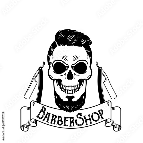 Vector Barbershop emblem, barbershop logo or badge for barber shop signboard, posters Skull with blades and hipster beard and haircut