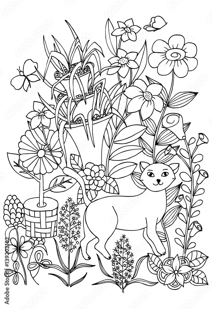Coloring page with cat, flowers and butterflies for coloring book