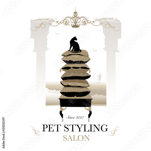 Logo for pet hair salon, pet styling and grooming shop or store. Cat on high stack of pillows treated with royal care. Vector illustration