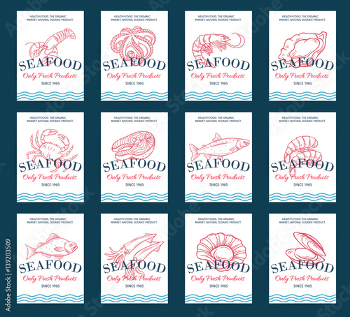 Hand drawn seafood product poster set