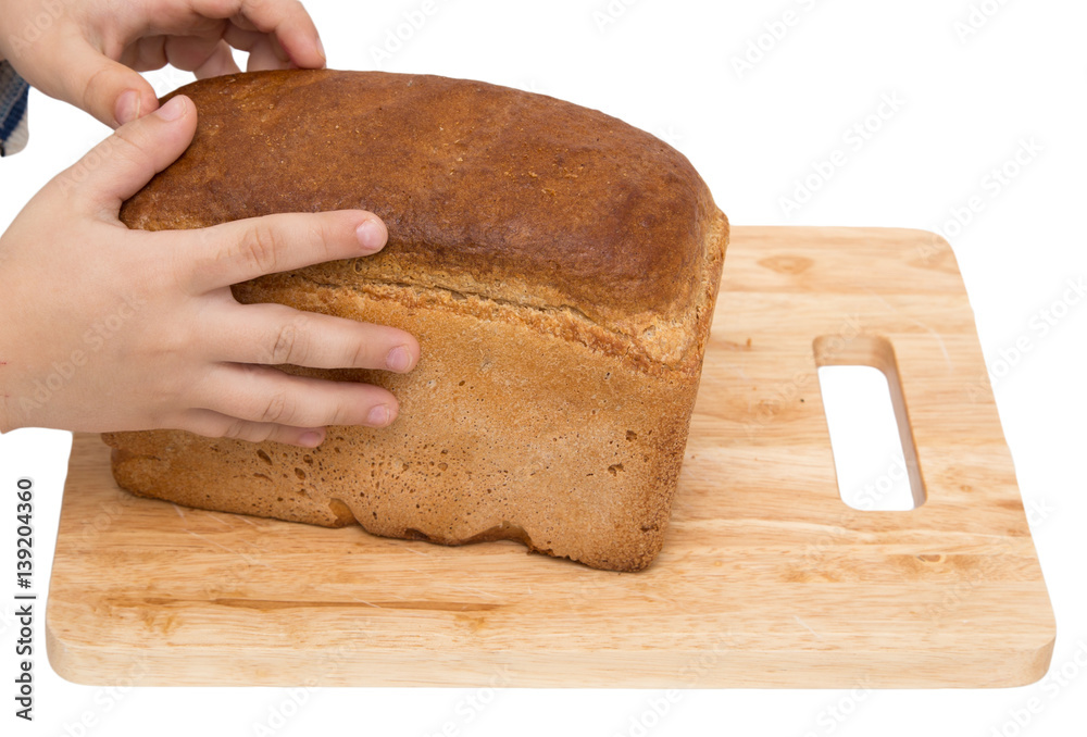 hands on bread on a board on a white background hands on bread on a board on a white background