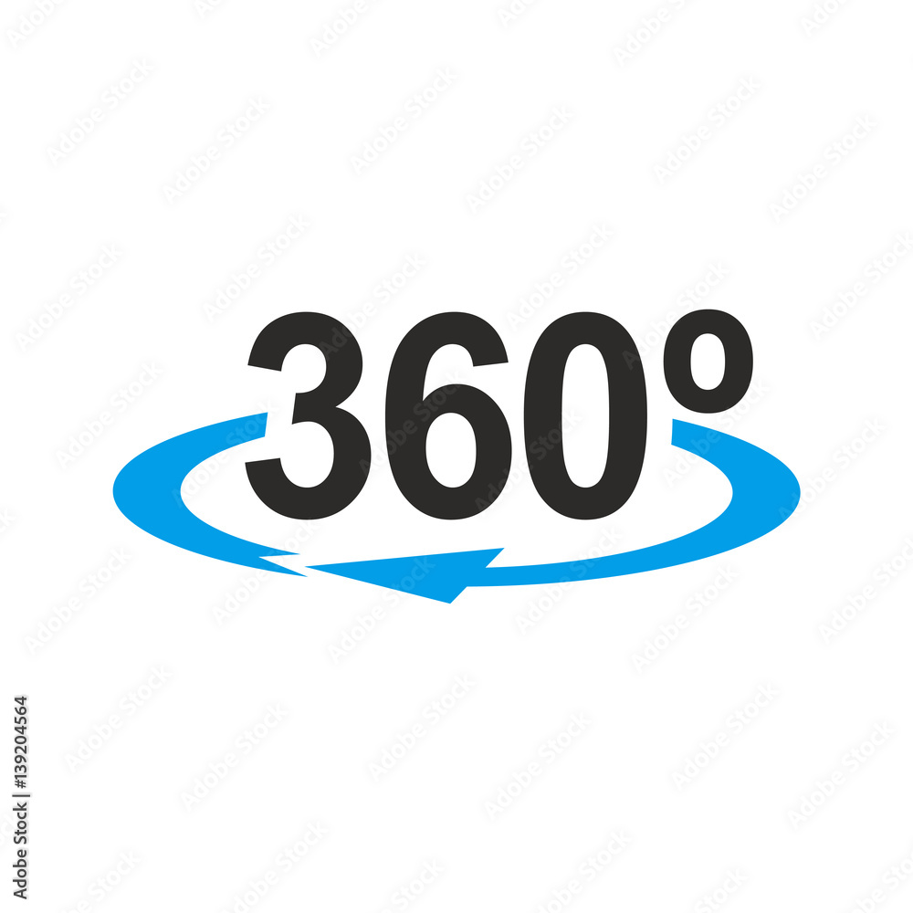 Icono plano 360 gris con flecha azul en fondo blanco Icono plano 360 gris con flecha azul en fondo blanco