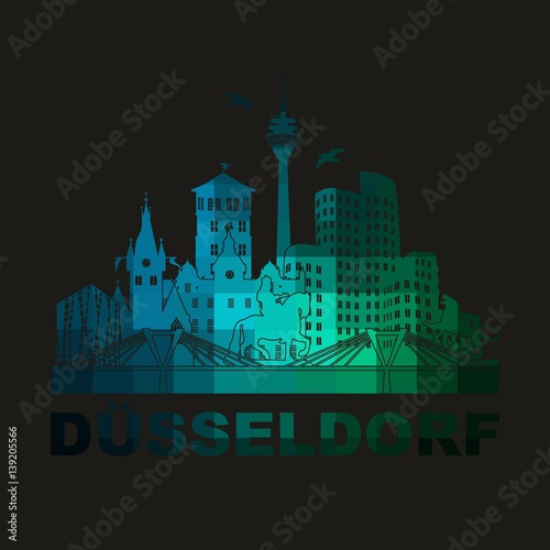 Düsseldorf - Stadt am Rhein nachts - abstrakte Grafik mit Sehenswürdigkeiten Denkmälern Bauten Architektur photo