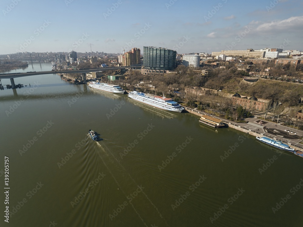 Scenic spring view of the urban architecture with Don river embankment. Aerial view.