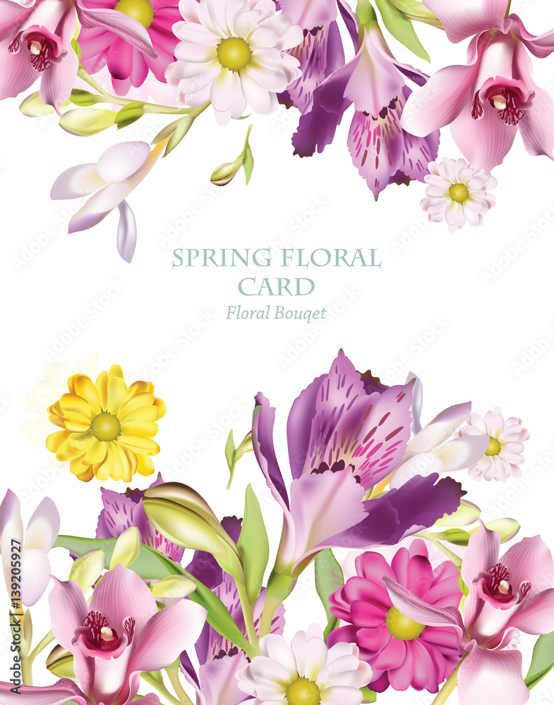 Spring flowers bouquet vertical card background. Beautiful Postcard for Weddings, Birthday, Anniversary. Vector illustration