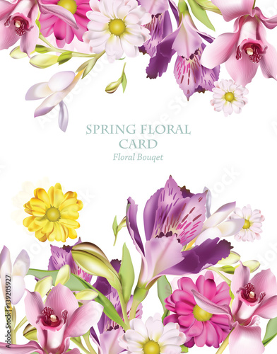 Spring flowers bouquet vertical card background. Beautiful Postcard for Weddings  Birthday  Anniversary. Vector illustration