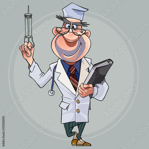 cartoon running man in clothes of a doctor with a syringe