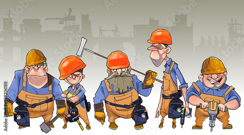 cartoon team of men in helmets and clothing workers-builders