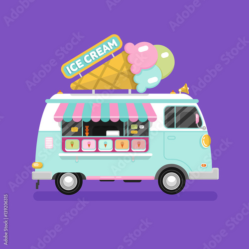 Flat design vector illustration of ice cream car. Mobile retro vintage shop truck icon with signboard with big ice cream cone. Side view, isolated.