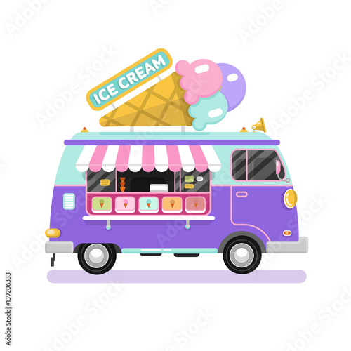 Flat design vector illustration of ice cream car. Mobile retro vintage shop truck icon with signboard with big ice cream cone. Side view, isolated on white background.