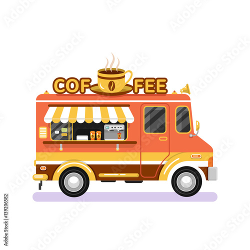 Flat design vector illustration of brown coffee van. Mobile retro vintage shop truck icon with signboard with big cup of coffee. Side view, isolated on white background. Hot drinks on wheels concept.