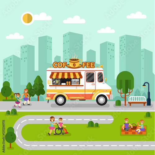 Flat design vector illustration of City landscape with coffee van. Mobile retro vintage shop truck icon with signboard with big hot cup of coffee. Men and woman have a picnic, rest in the park.