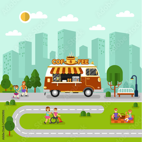 Flat design vector illustration of City landscape with coffee van. Mobile retro vintage shop truck icon with signboard with big hot cup of coffee. Men and woman have a picnic, resting in the park.