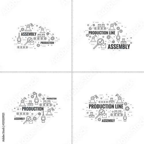 Thin Line Art Design. Linear vector set icons and elements.  Concept Production line, Assembly, development, robotic automatic conveyor manufacture.