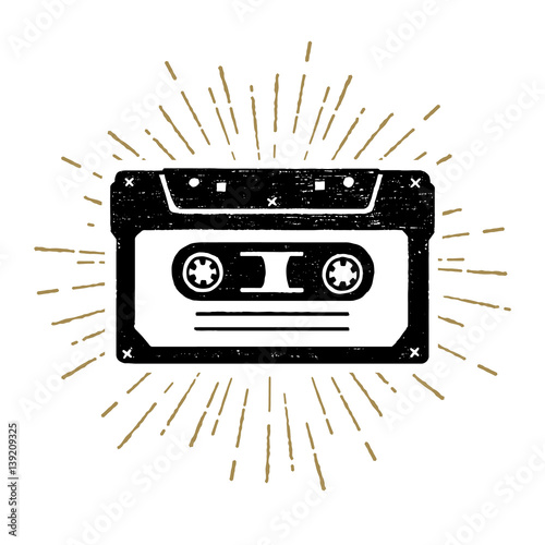 Hand drawn 90s themed icon with a cassette tape textured vector illustration.
