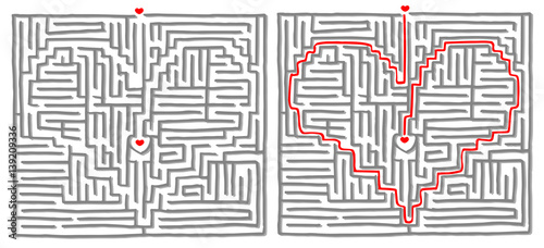 Maze labyrinth game vector. Solution is a Heart